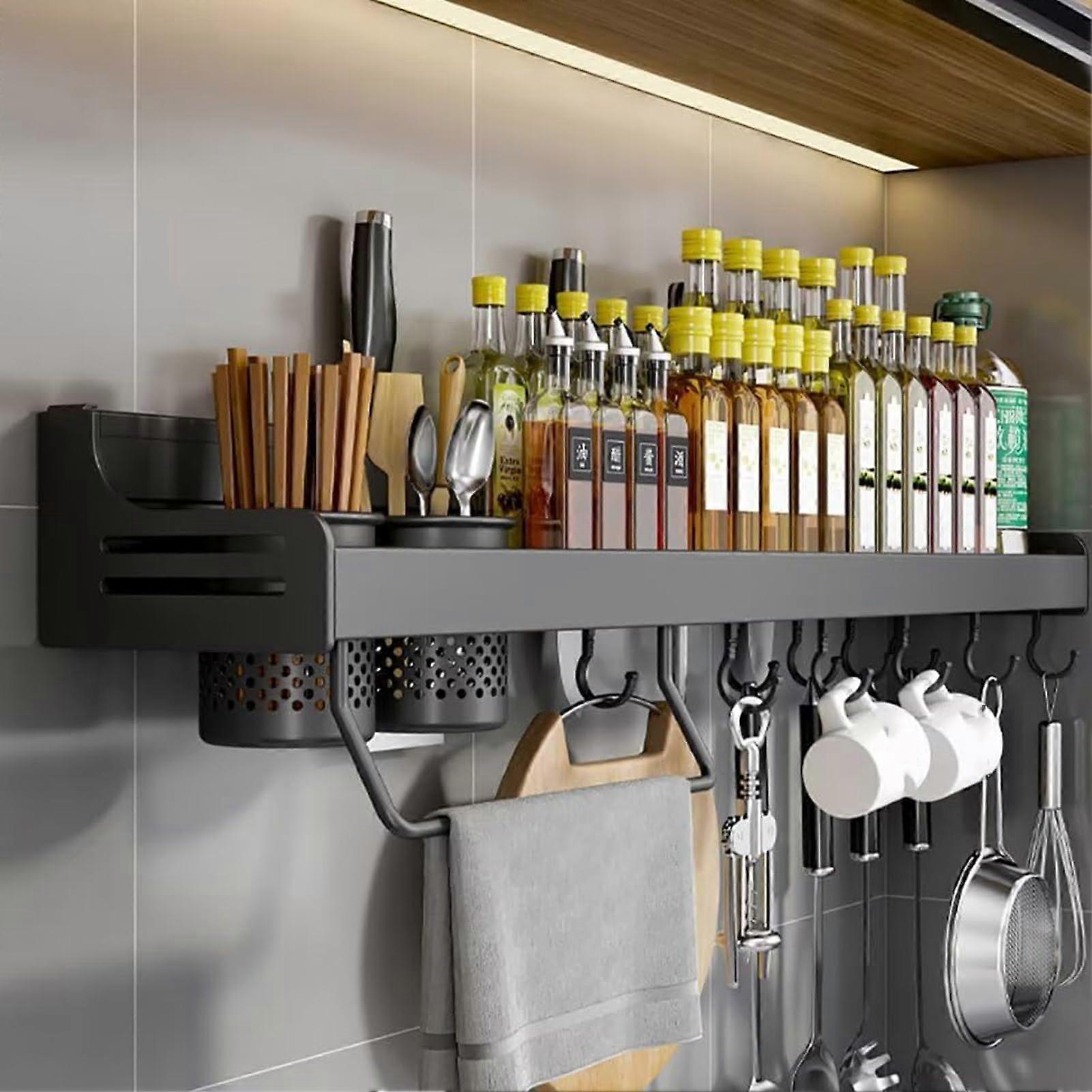 Wall Mounted Spice Rack Kitchen Organizer Shelf, SpaceSaving Metal Storage for Jars and Condiments, 60cm Black