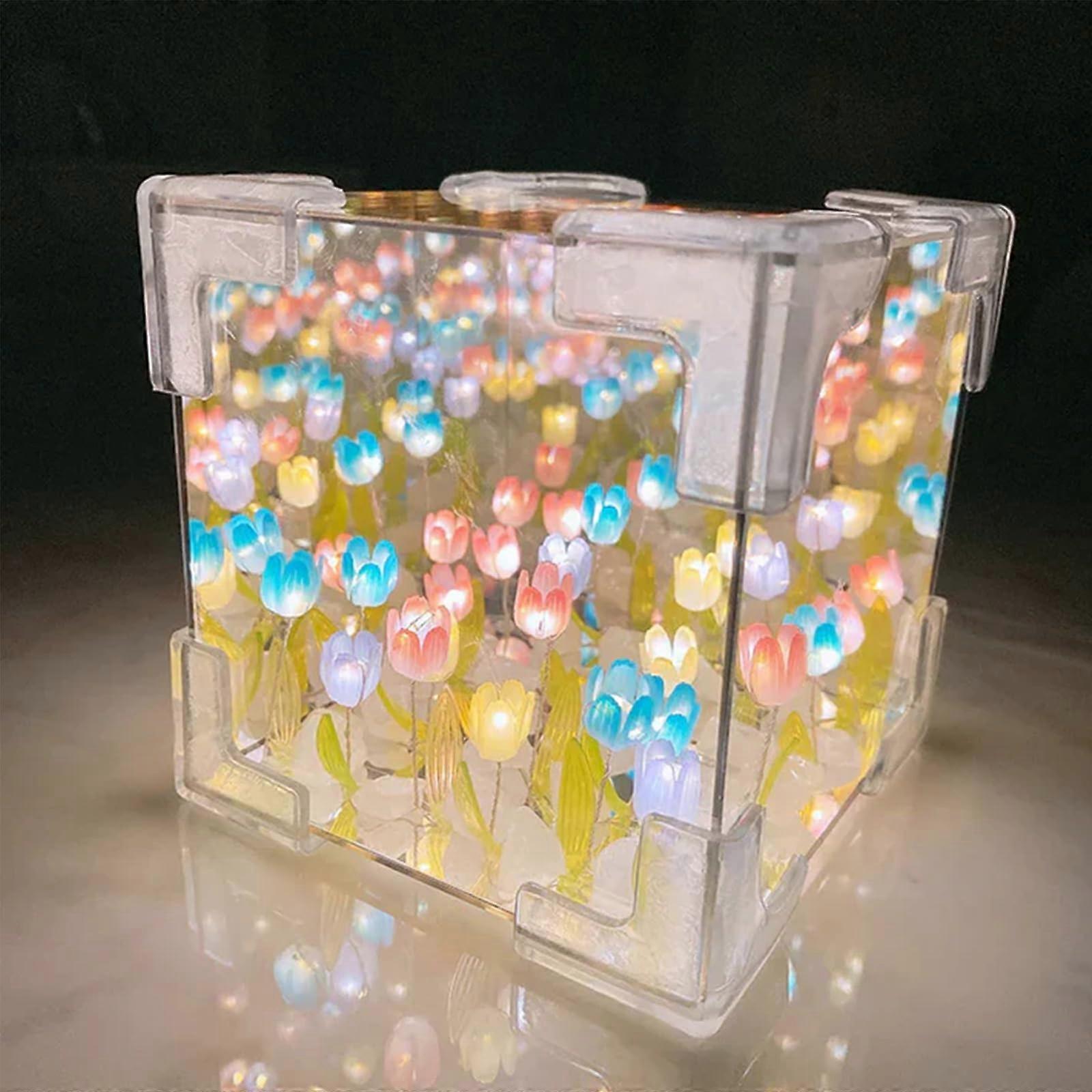 Tulip Night Light and Mirror Lamp DIY Floral Cube with Captivating Illumination Gift Multicolor