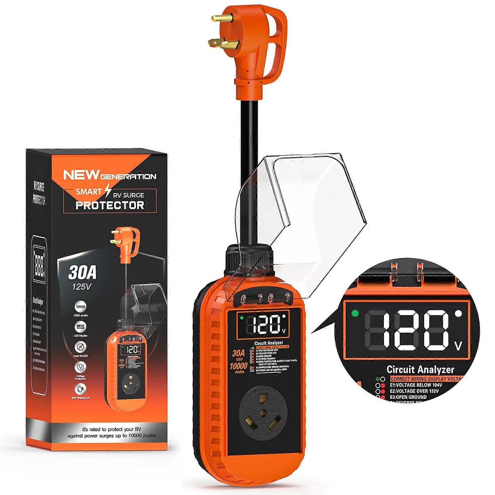 RV Surge Protector 30 Amp with Auto Shutoff, 10000J Surge Defense, LED Display, IP67 Waterproof