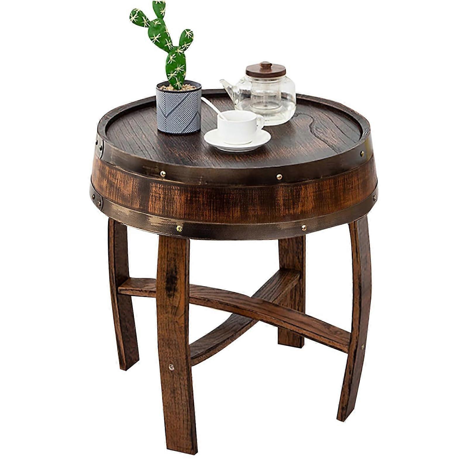 Rustic Oak Side Table with Handcrafted Whiskey Barrel Design, Farmhouse Round Coffee Accent Furniture