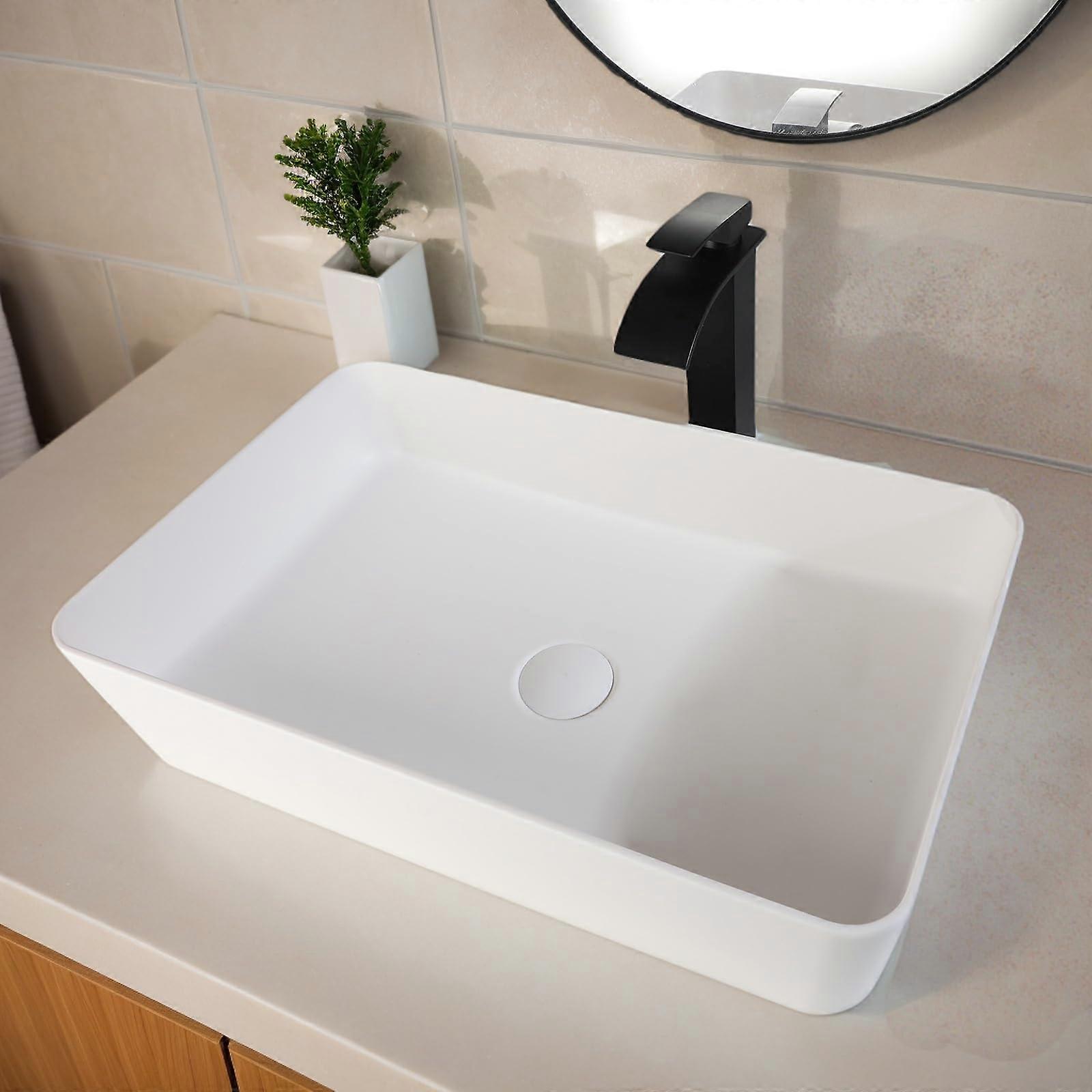 White Rectangular Bathroom Vessel Sink with PopUp Drain, 22'x14' Modern Stone Resin Countertop Basin
