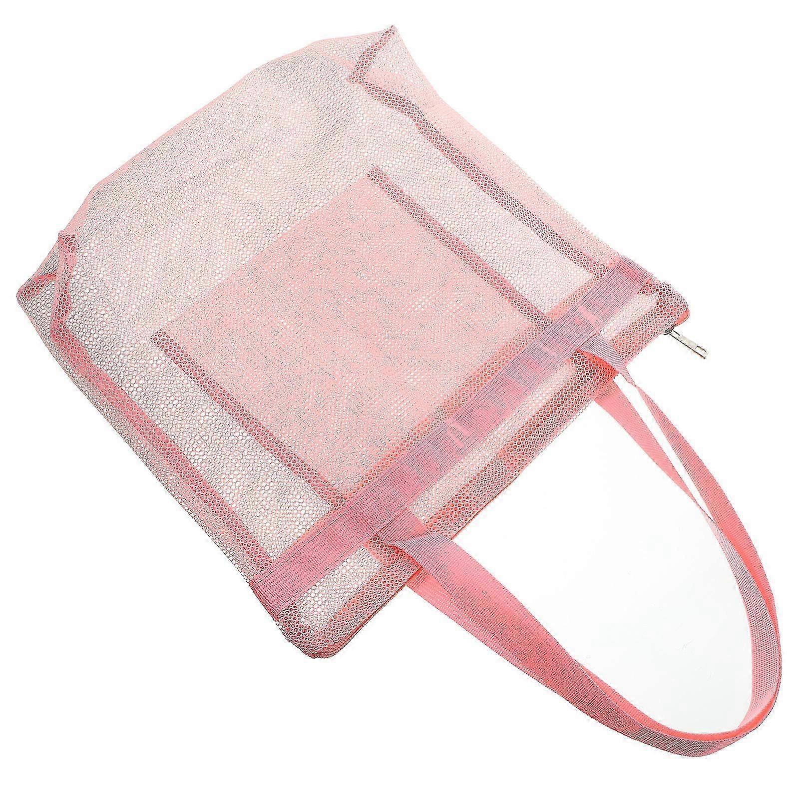 Pink Portable Beach Bag for Storage Use Nylon Mesh 4Pcs with Handle