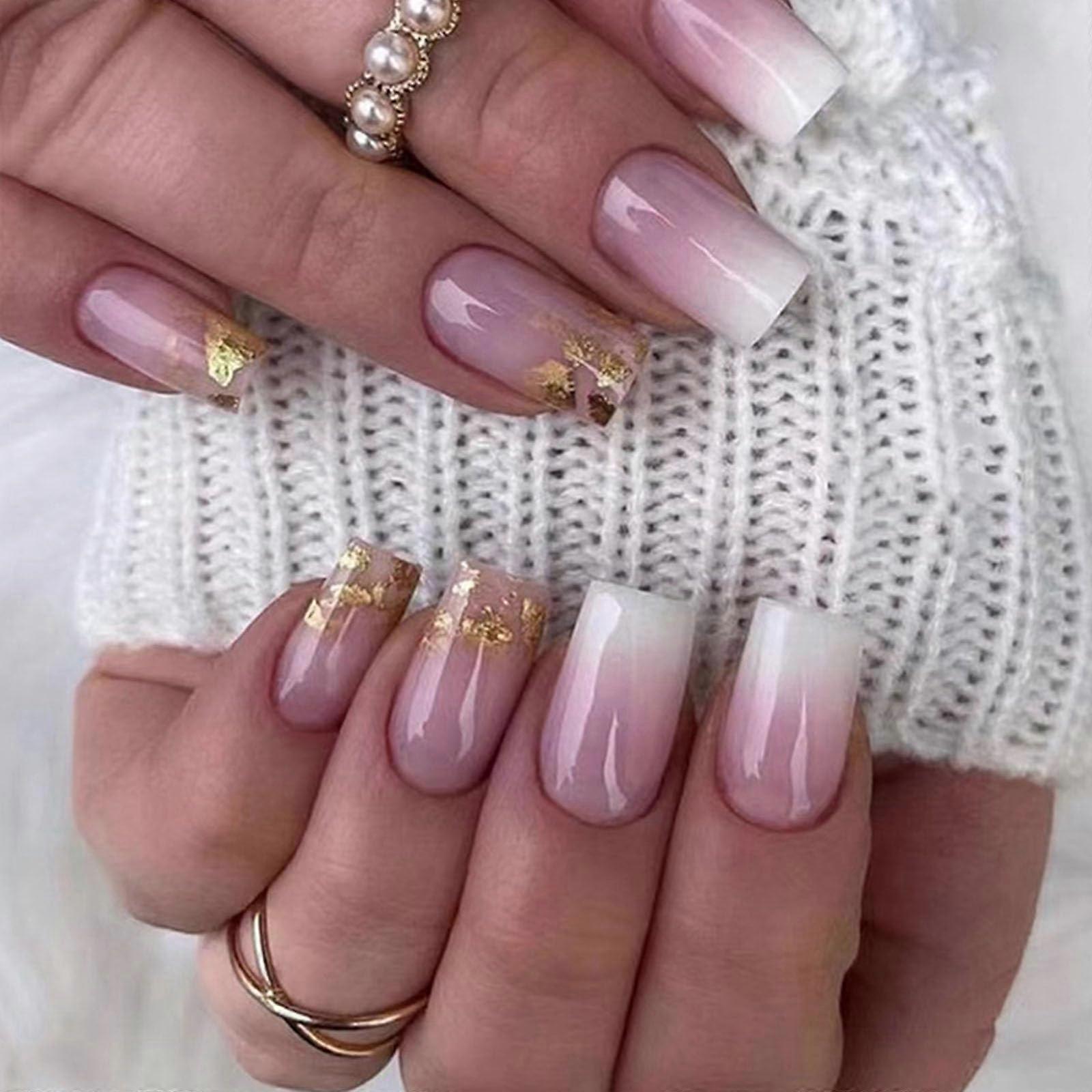 Gradient Pink Glitter Press on Nails Square Acrylic False Nails with Glue Medium Length Reusable