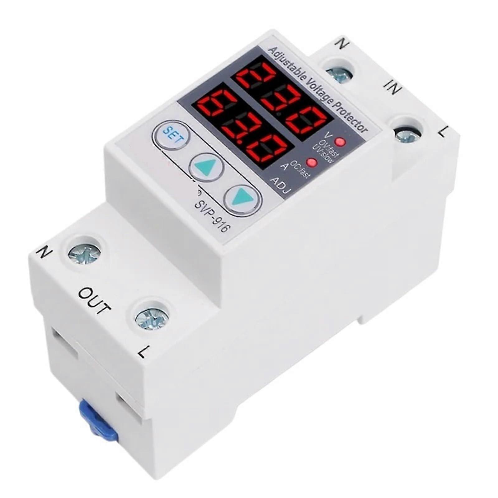 63A 230V DIN Rail Surge Protector with Relay Output, Adjustable Voltage and Current Limiting