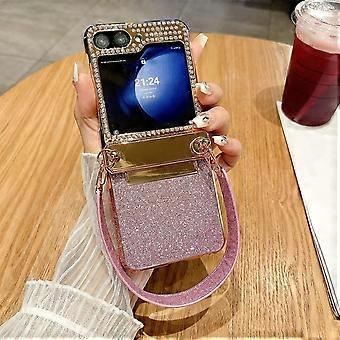 Glitter Rhinestone Design Slim Luxury Protective Cover with Leather Wrist Strap for Samsung Galaxy Z Flip 6 Case