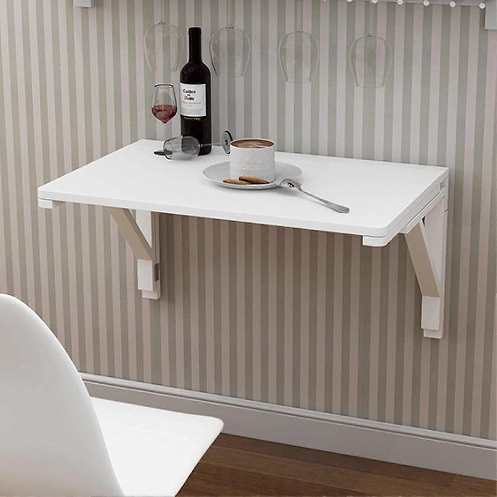 Folding Wall Desk White Wood Drop Leaf Table SpaceSaving Wall Mounted Workstation for Small Spaces