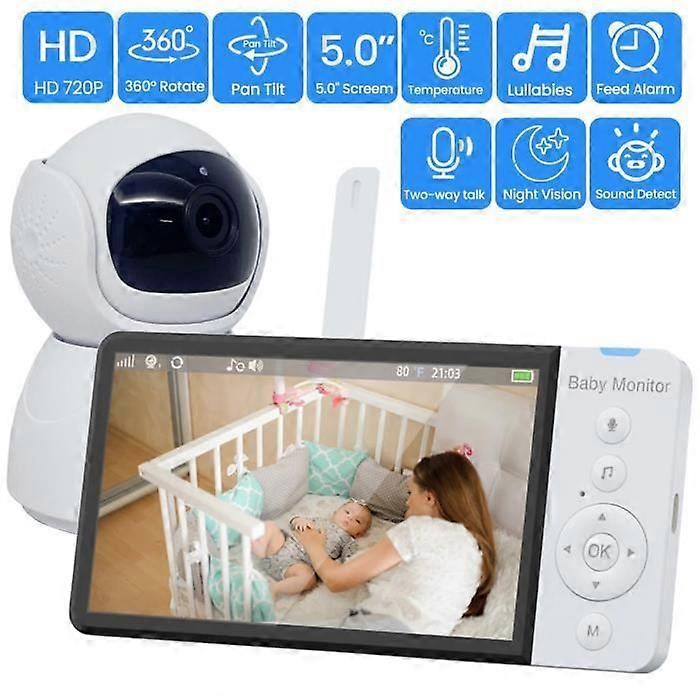 Babá eletrônica sem fio com vídeo, tela IPS de 5 polegadas, câmera bidirecional PTZ e bateria VOX de 5000mAh.