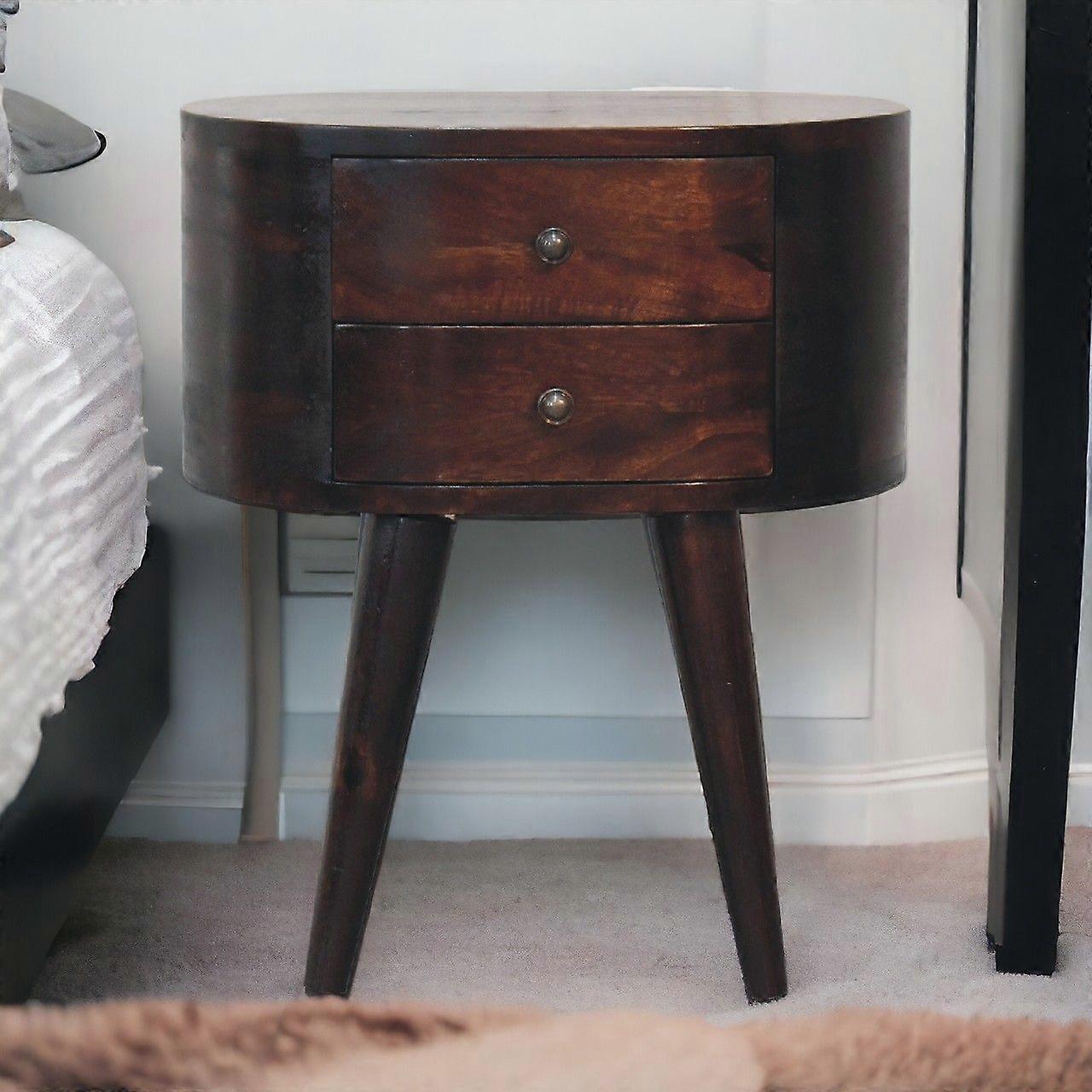 Solid Wood Light Walnut Rounded Bedside Table,2 Drawers, Dark Brown