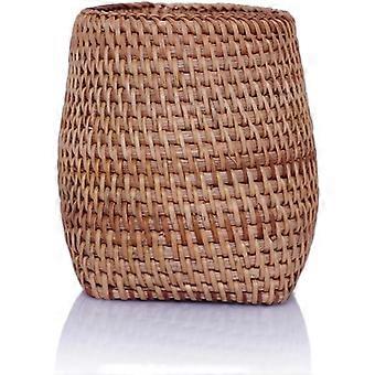 Handmade Rattan Pen Holder, Tapered Makeup Brush Holder, Desk Decorative Organizer Cup for Stationery, Makeup Brushes, Vase, Brown, 7" (Round Top, Cub