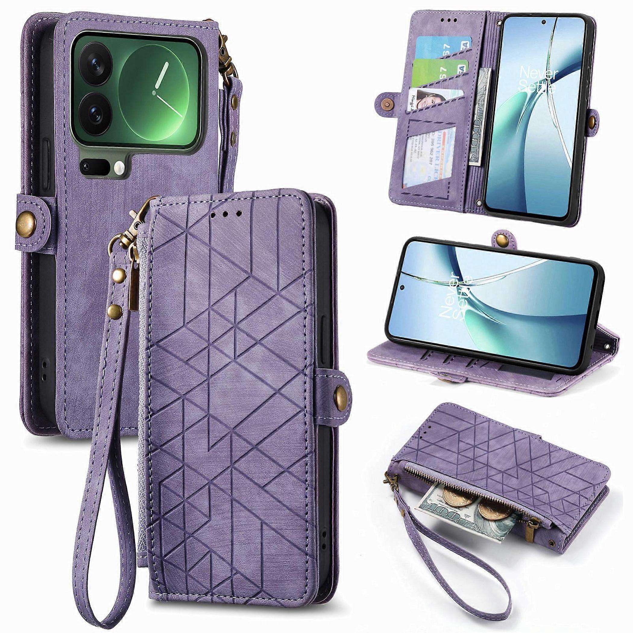 For Xiaomi 17 Pro Geometric Faux Leather Zipper Book Wallet Case Purple