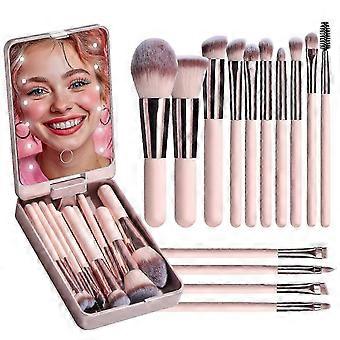 Travel Makeup Brush Set, 14Pcs Foundation Powder Concealers Eye Shadows Makeup Set with LED Light Mirror