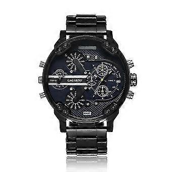 Heren quartzhorloge CAGARNY 6820 met grote wijzerplaat, dubbele tijdsaanduiding, roestvrijstalen band met kalender, zakelijke stijl, waterdichte gespsluiting.