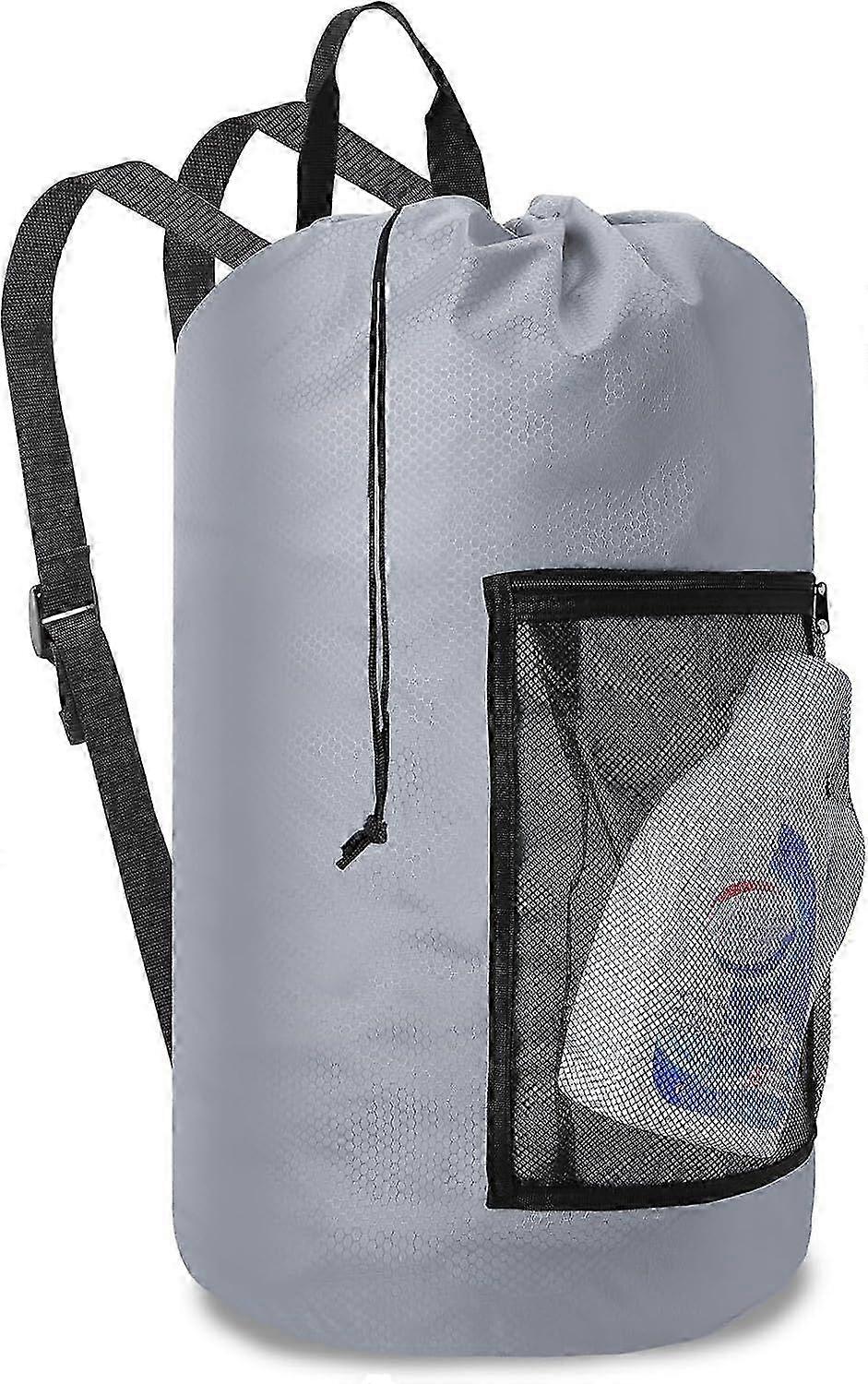 Durable Laundry Backpack with Mesh Pockets Shoulder Straps for Dorm Gray