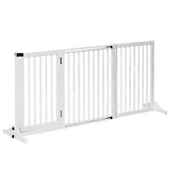 Freestanding wooden dog gate with door in white, 113-166x36x71cm, ideal for pet safety