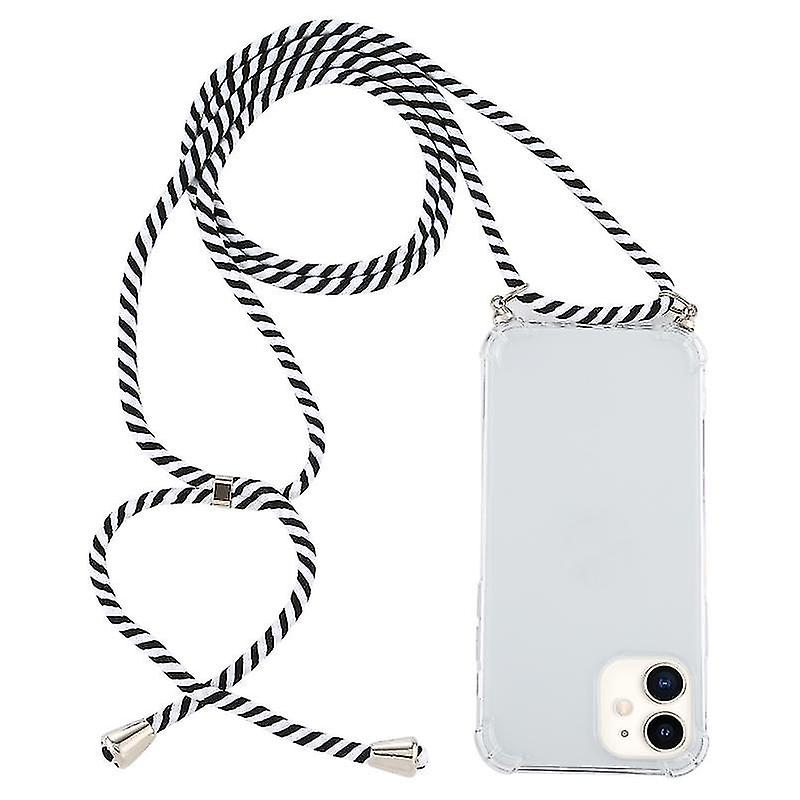 For Iphone 12 Mini Four-corner Shockproof Transparent Tpu Case With Lanyard(wine Red)
