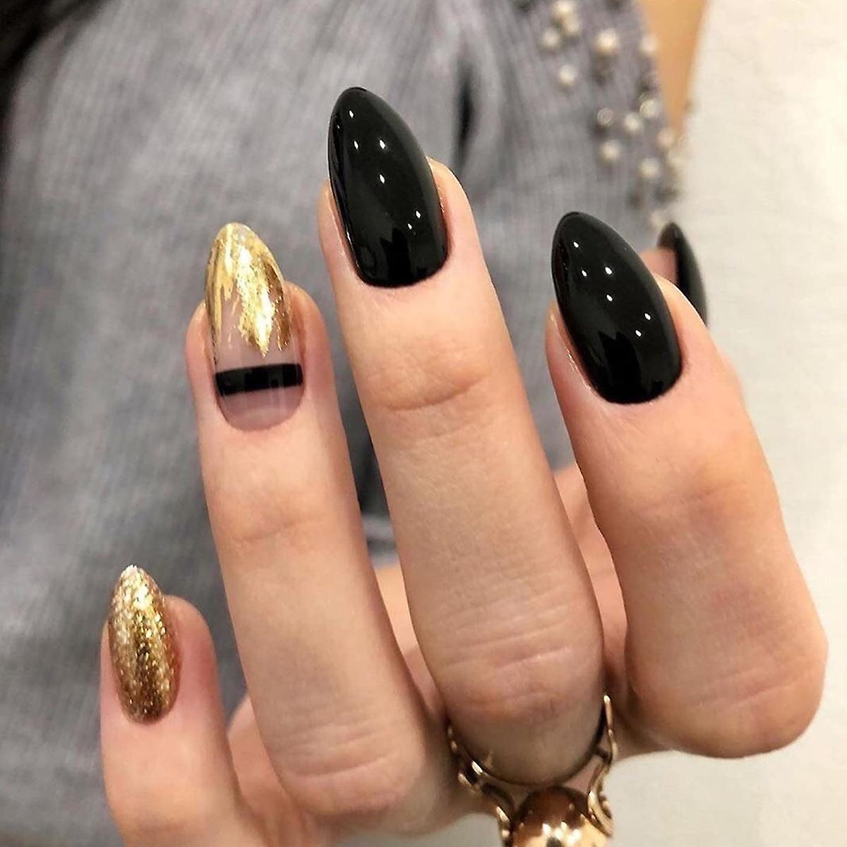 False Nail Tips Fake Artificial Art DIY Finger Cover Black Gold Glitter Pointed Waterproof Detachabl