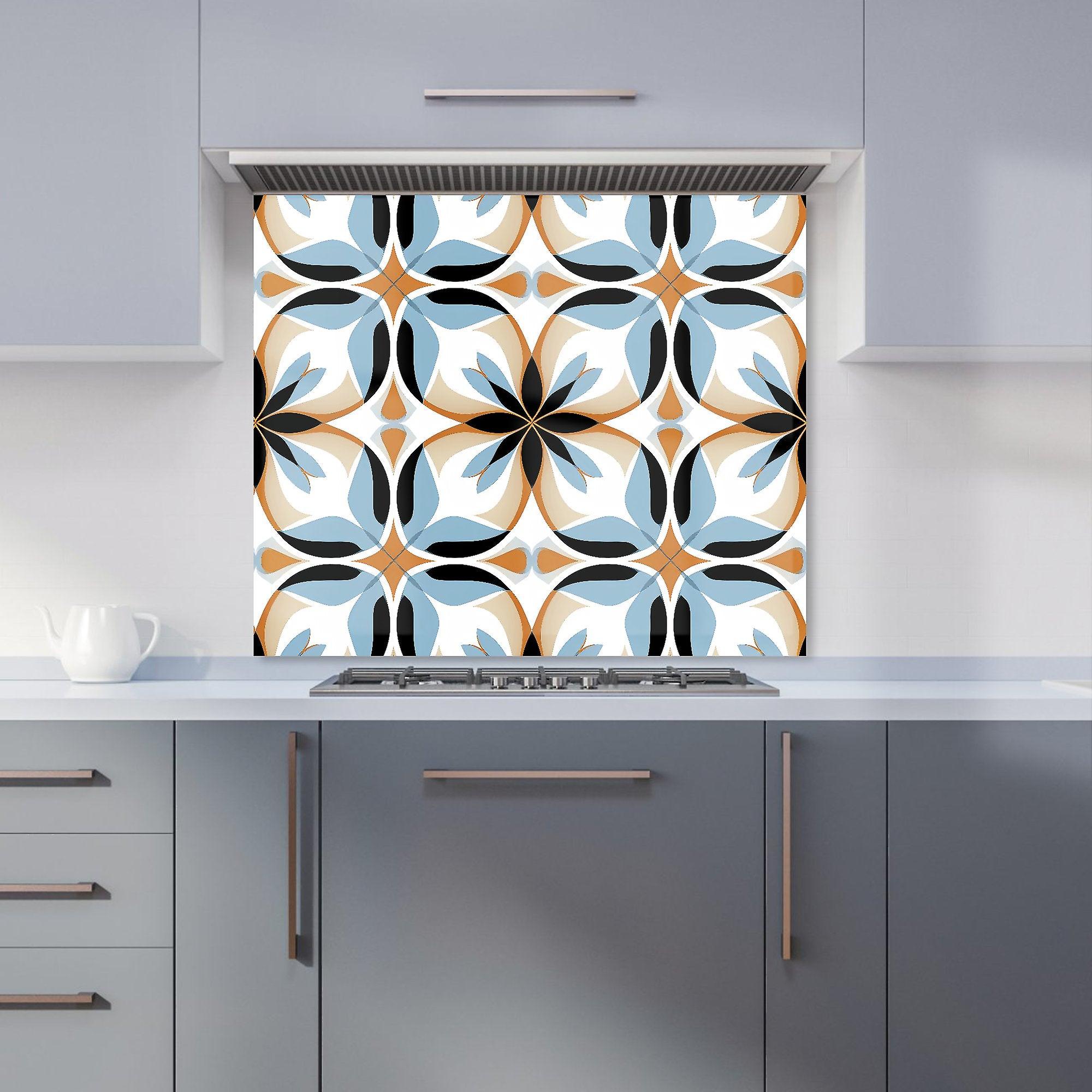 White Brown And Blue Geometric Pattern Kitchen Splashback