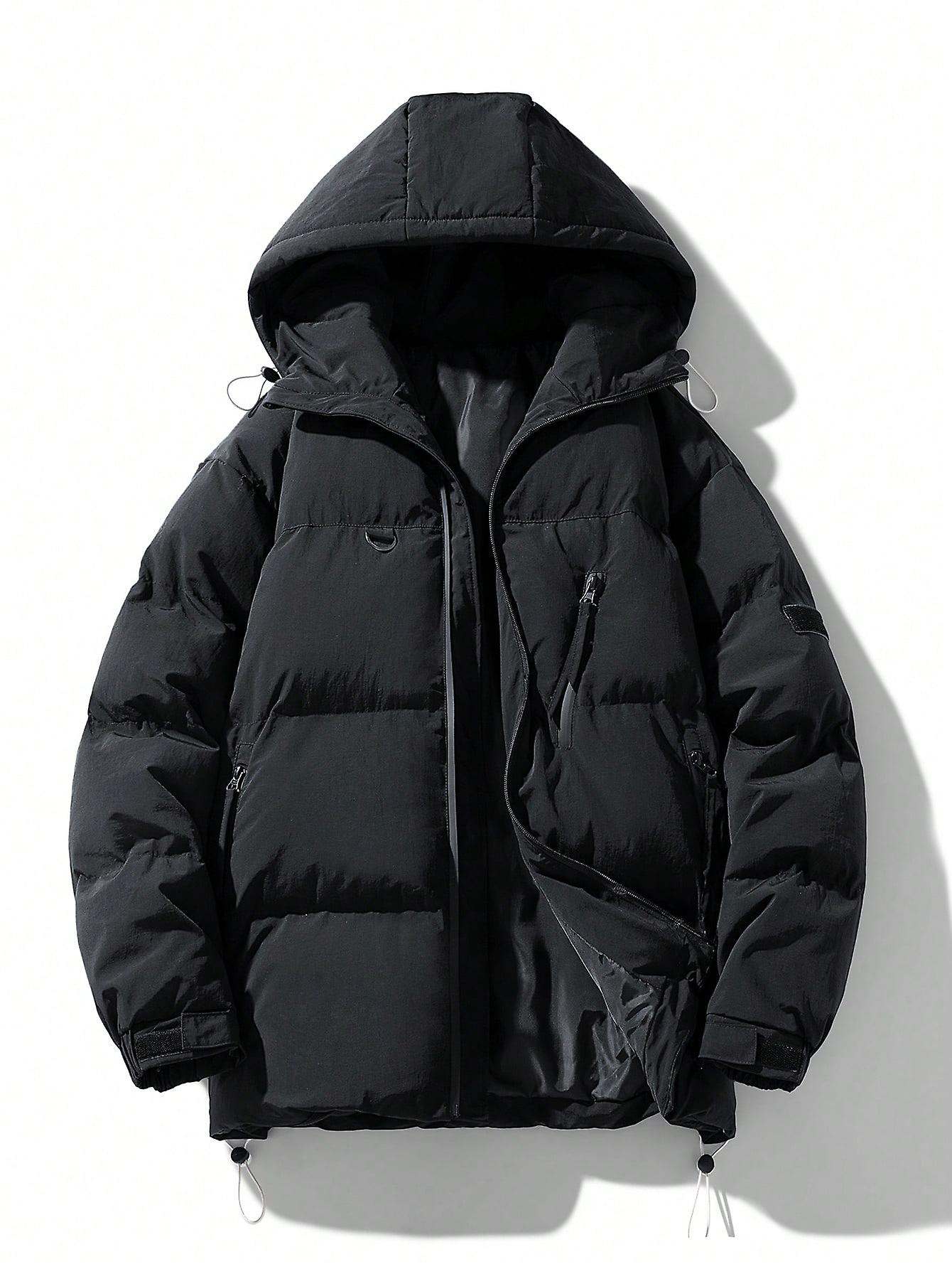 Men Drawstring Hem Hooded Puffer Coat