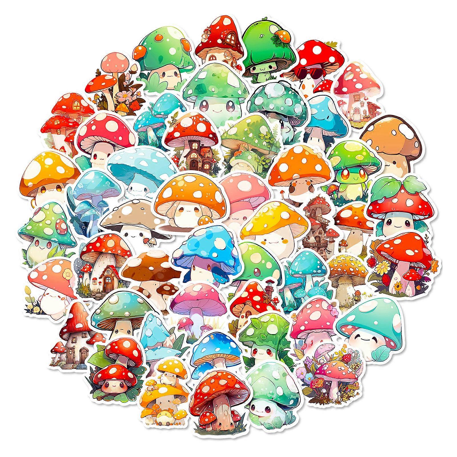 50Pcs Cartoon Sticker Strong Adhesive Clear Printing Mushroom Pattern Stickers for Water Bottles Laptops Notebooks