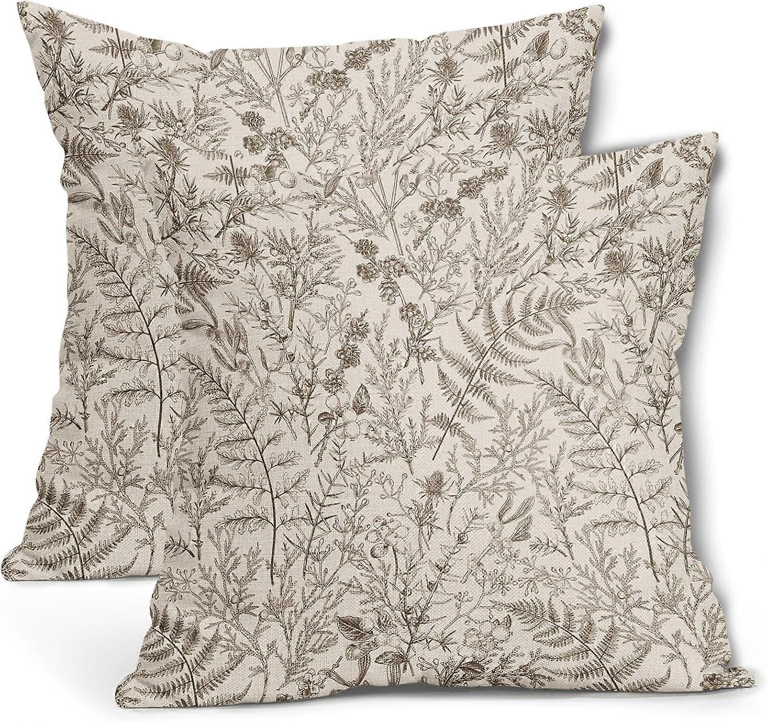 يغطي وسادة أوراق السرخس البني 16X16 بوصة نبات أوراق الأزهار الصنوبر الزخرفية وسادة عتيقة نباتية ربيع صيف رمي وسائد مجموعة من 2 مزرعة