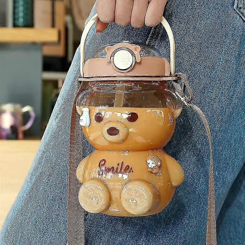 Bear Straw Bottle, Large Capacity Bear Water Bottle Strap And Straw, Adjustable Detachable Strap (brown)