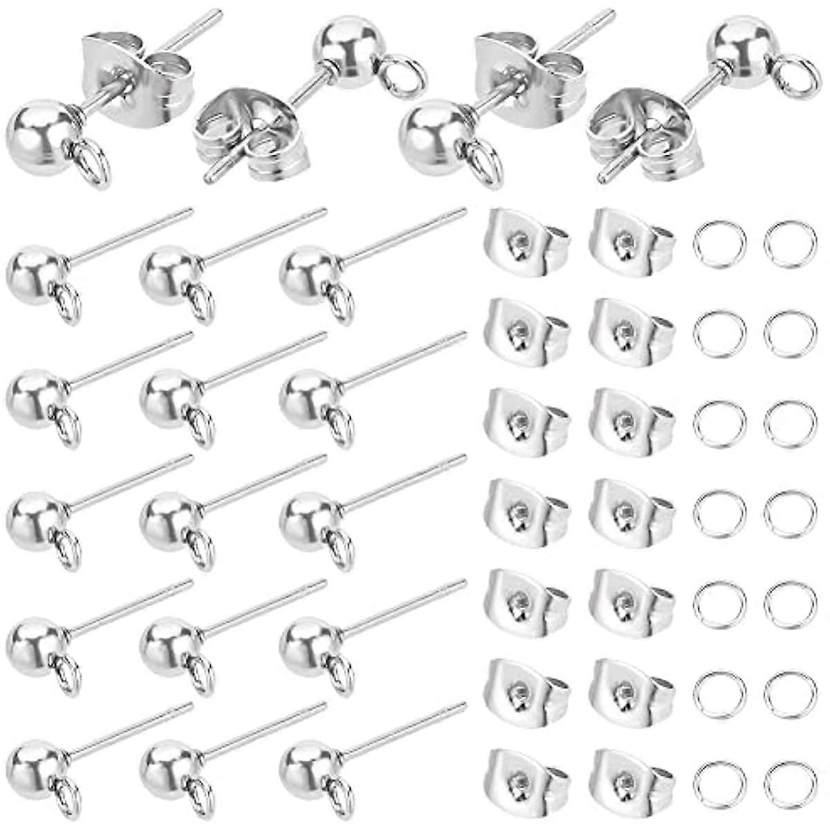 300pcs Ball Post Earring Studs 304 Stainless Steel Ball Stud Earring Findings with Butterfly Earring Backs and Open Jump Rings