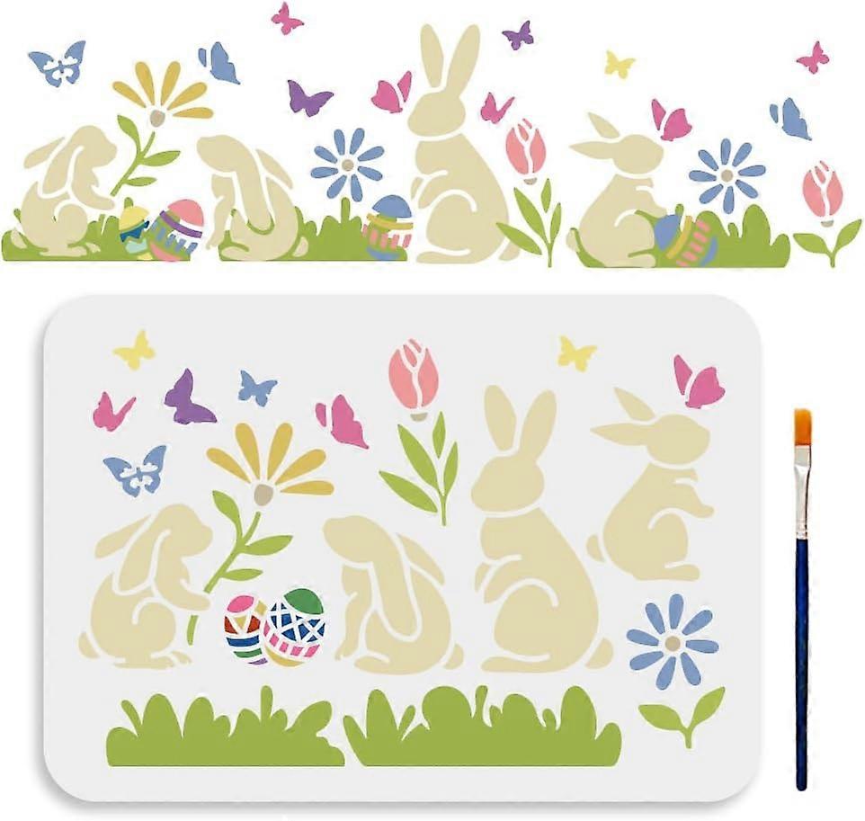 Easter Bunny Butterfly Stencils 11.78.3inch Large Easter Eggs Tulip Daisy Painting Stencils with Paint Brush Vibrant Spring Grass Drawing Template for