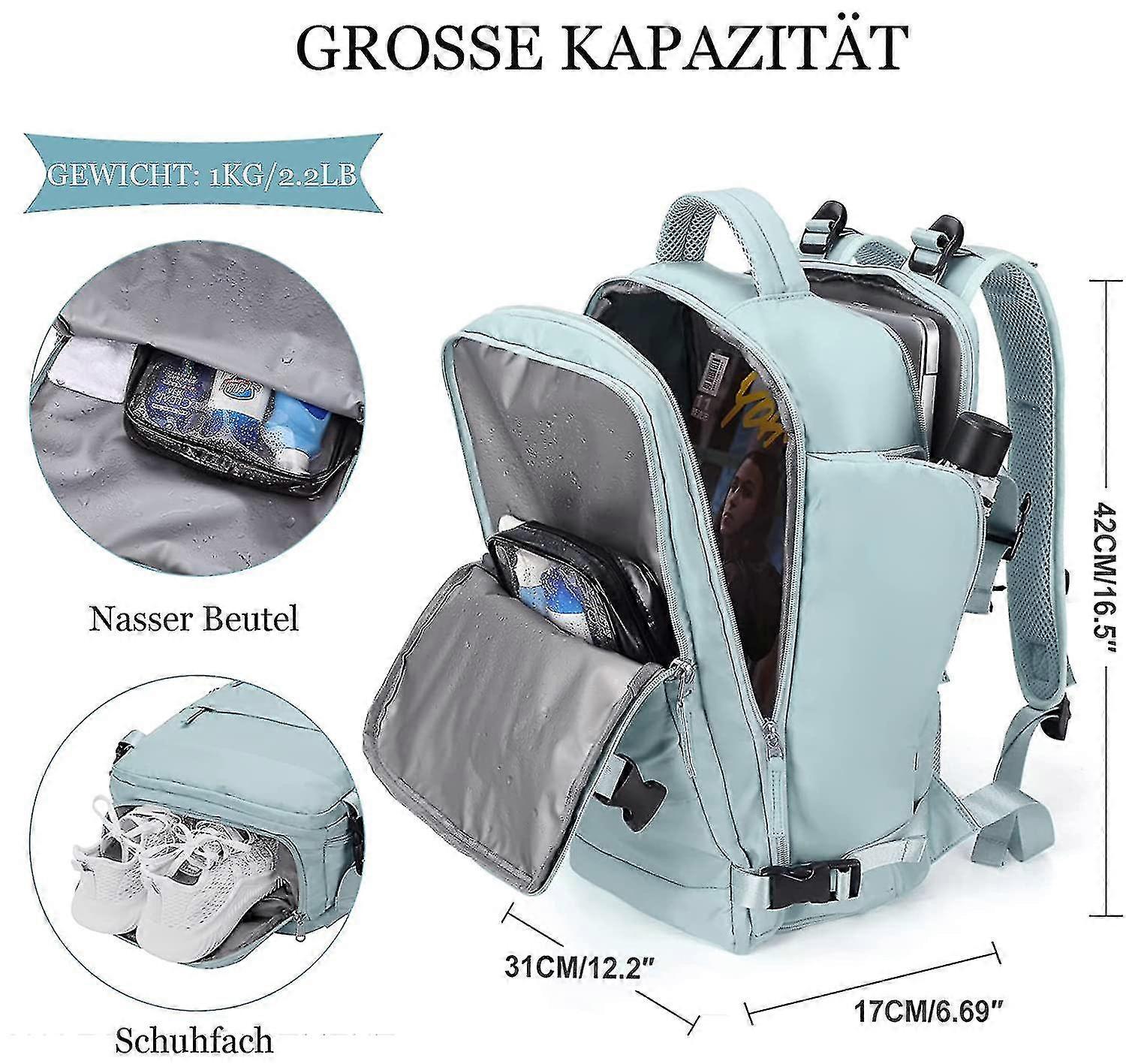 Stor reseryggsäck för kvinnor, handbagageryggsäck, vandringsryggsäck, vatten