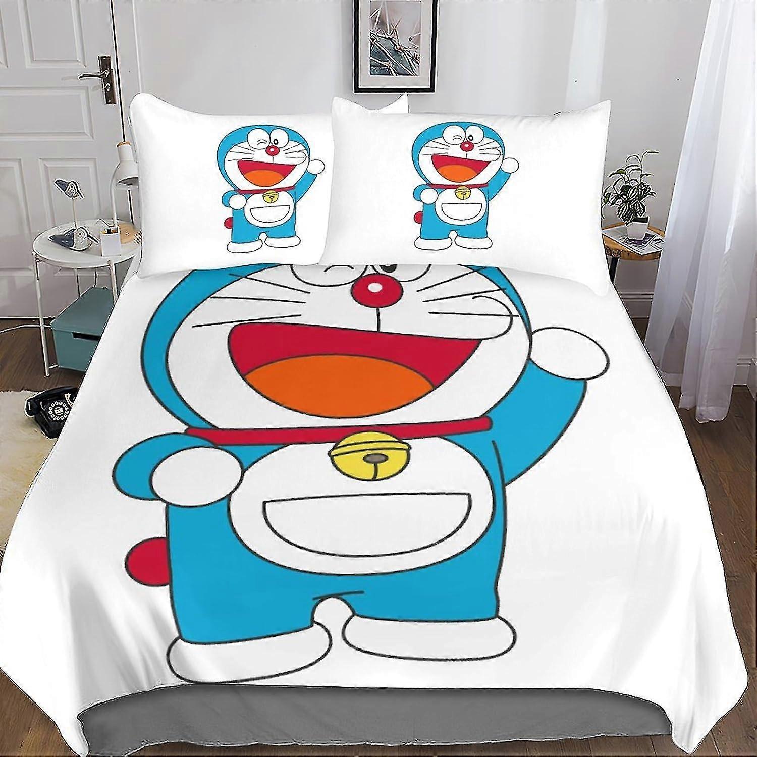 o5251 Lençóis Doraemon Capa de Edredom Conjunto de Cama 3D Microfibra Poliéster Bonito Anime Capa de Edredom com Fronhas, Conjunto de 3 Peças, Colcha com Zíper