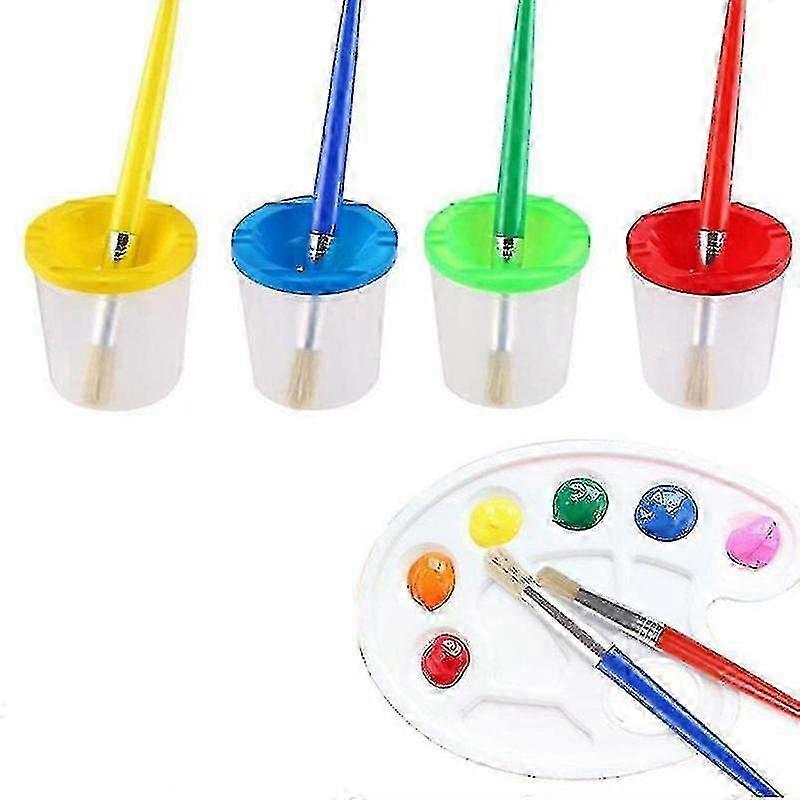 9 Pcs No Spill Paint Cups Set With Paint Brushes And Paint Tray Palette, Paint Cups With Lids Art P