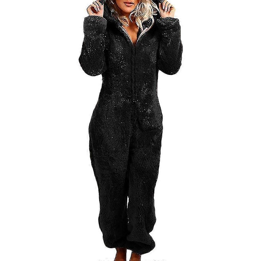 Women Fluffy Fleece Hooded All In One Jumpsuit 1onesie