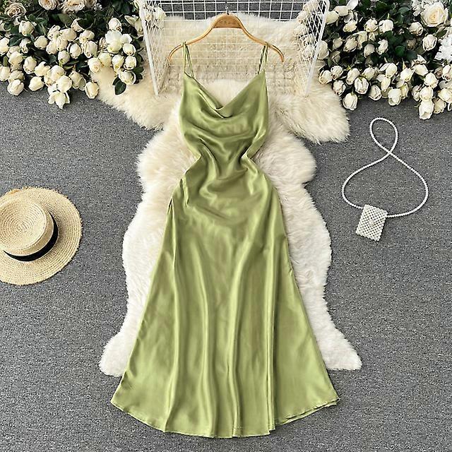 אטופוס סאטן נשים סקסי גב חשוף קלע שמלת קיץ אלגנטית חוף שמלת שמש חג אופנתי שמלות מקסי וסטידות בגדים נשיים-ירוק, מידה אחת