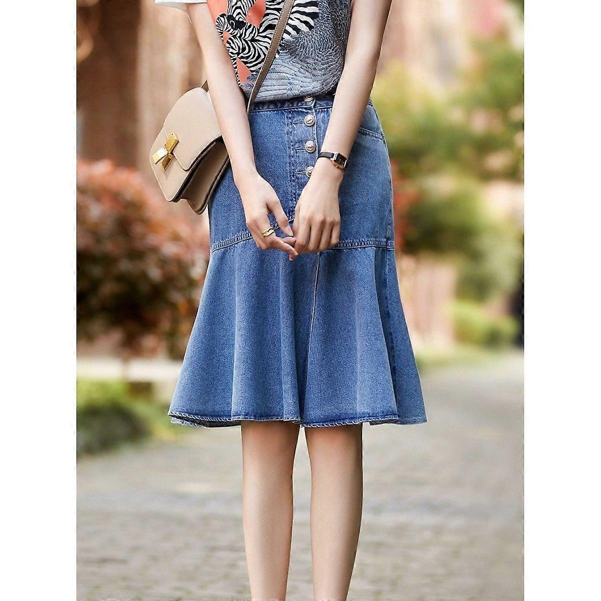 Korean Loose Women Denim Midi Skirt Summer Mermaid Skirts Blue