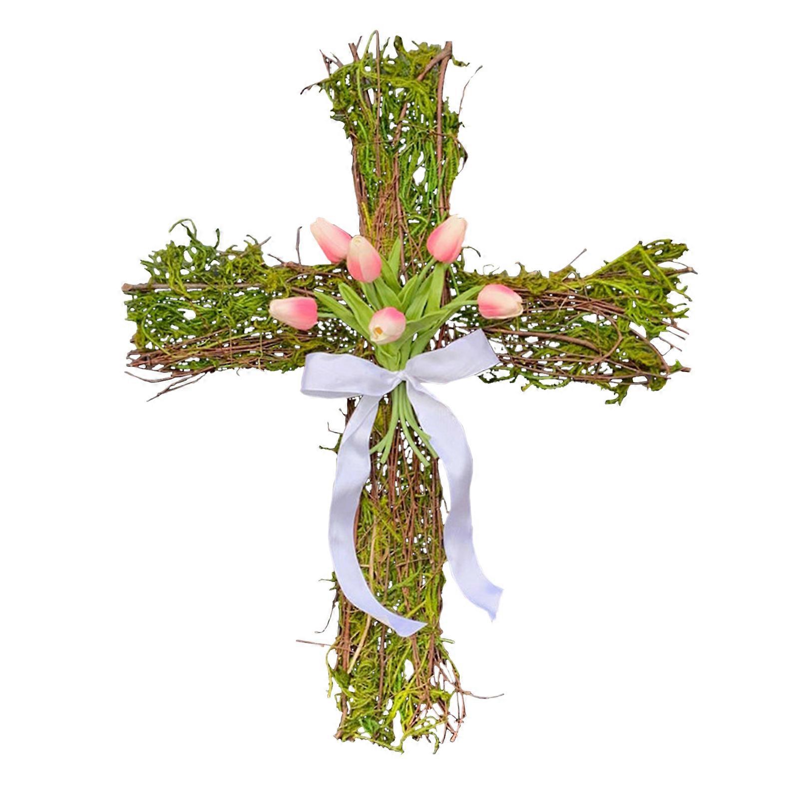 Home Decration Easter Cross Flowers Spring Wreath Easter Front Door Cross Wreath Easter Artificial Wreath