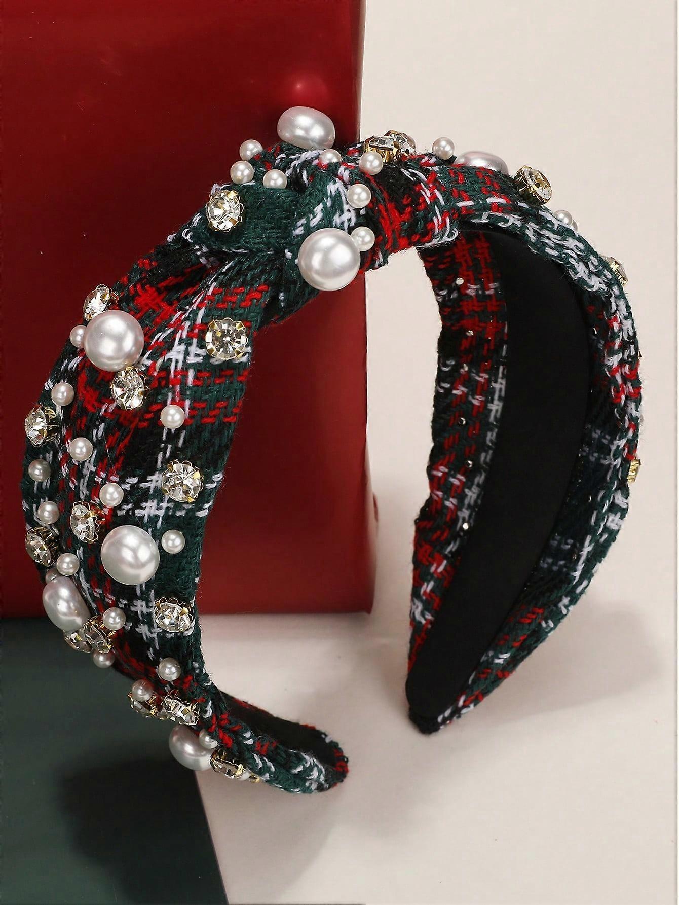 عقال لؤلؤي أبيض وحجر الراين ديكور للنساء ، عقدة علوية عريضة ، منقوشة حمراء وخضراء ، عارضة ، لطيفة ، أنيقة ، مصنوعة من ألياف البوليستر