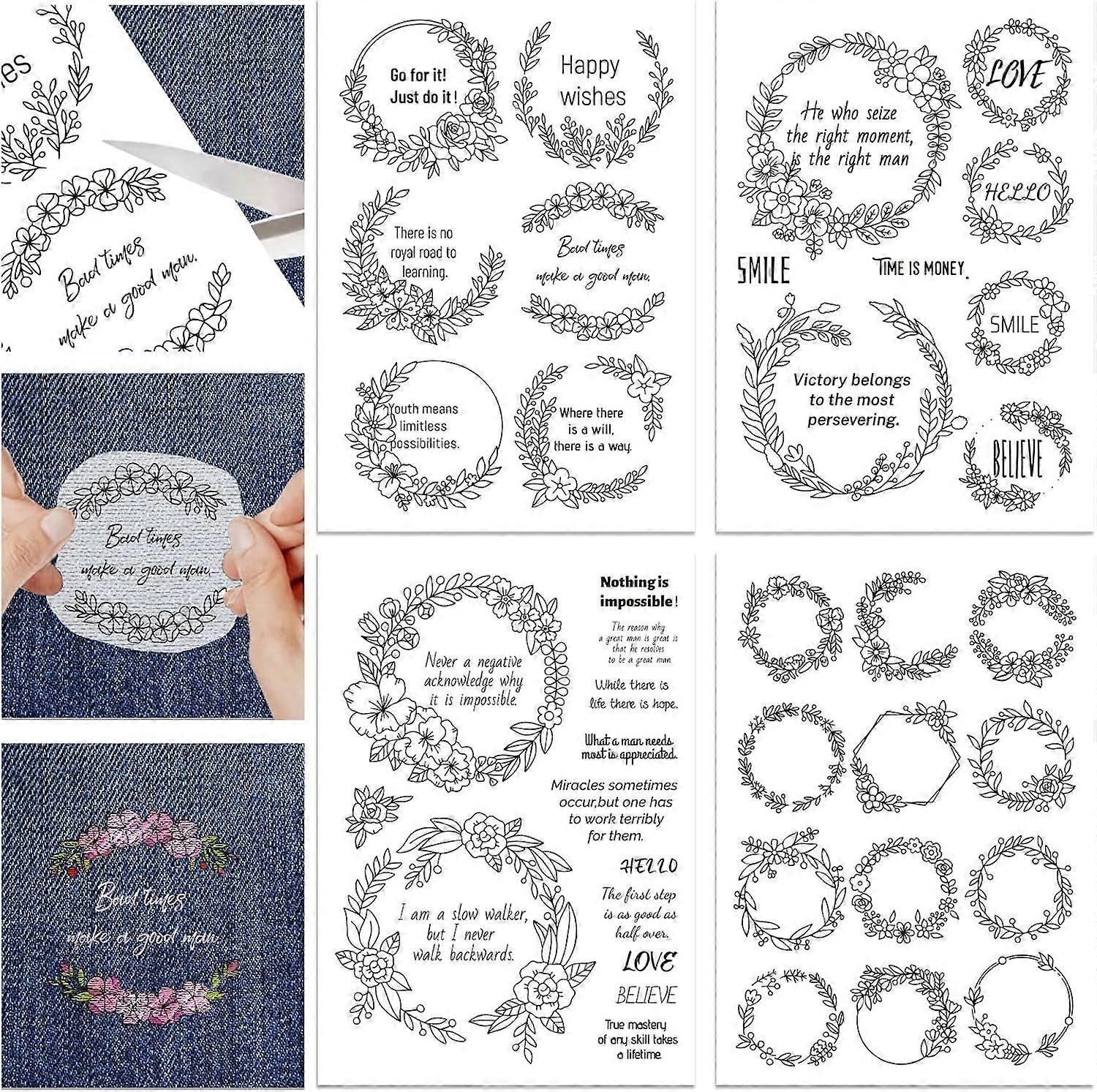 4 Sheets Stick and Stitch Water Soluble Stabilizer with Pre-Printed Wreath and Inspirational Words Patterns Non-Woven Fabrics Water Soluble Embroidery
