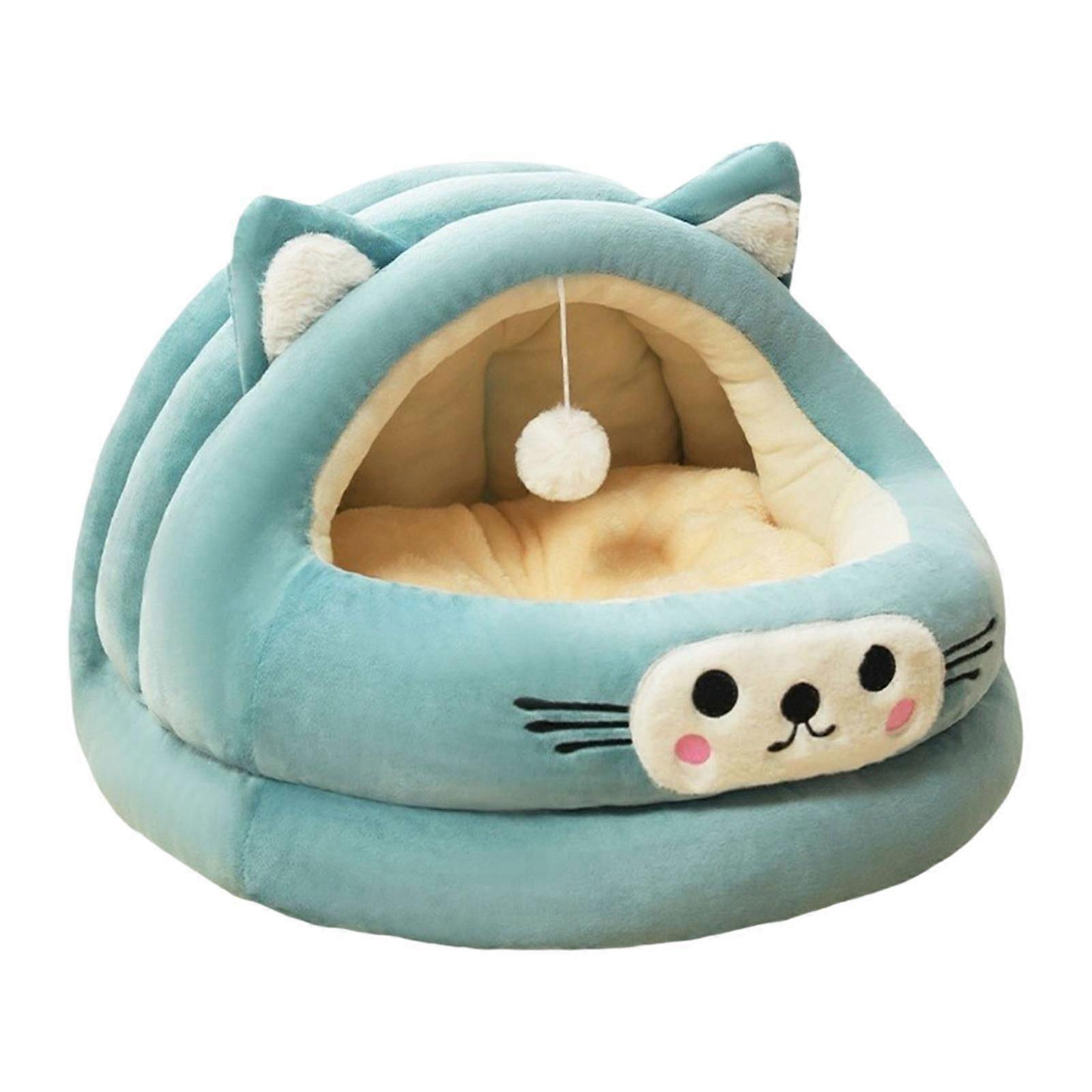 Semi Enclosed Cat Nest with Hanging Teaser Toy Cute Cat Bed for Kitty Kitten Green S