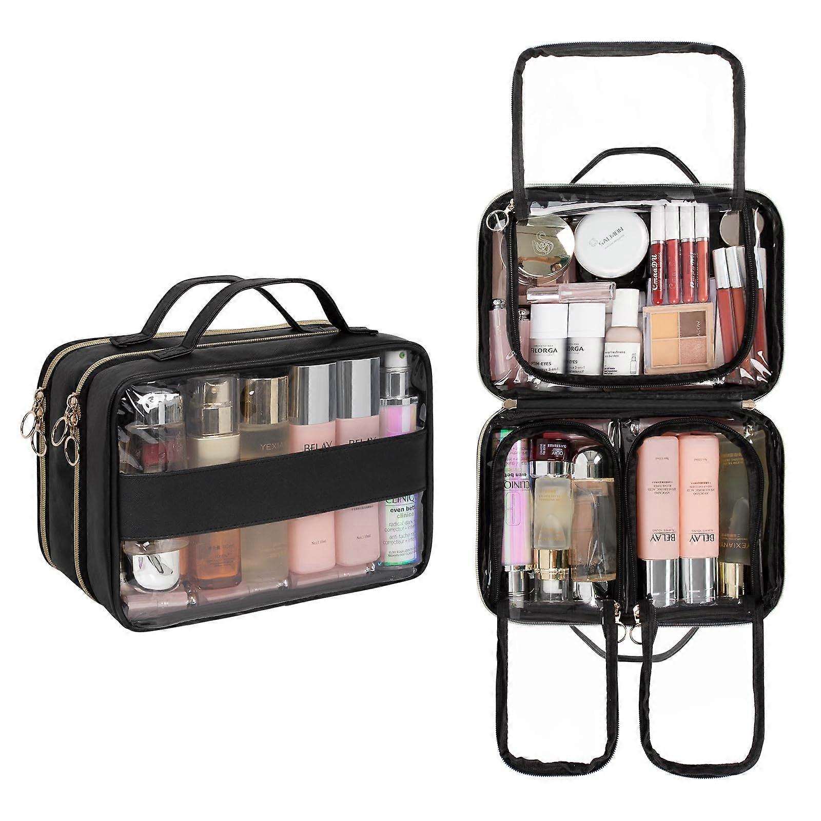 Double Layer Makeup Bag Organizer, Travel Toiletry Bag for Women, Multiple Compartments Zipper Pouch