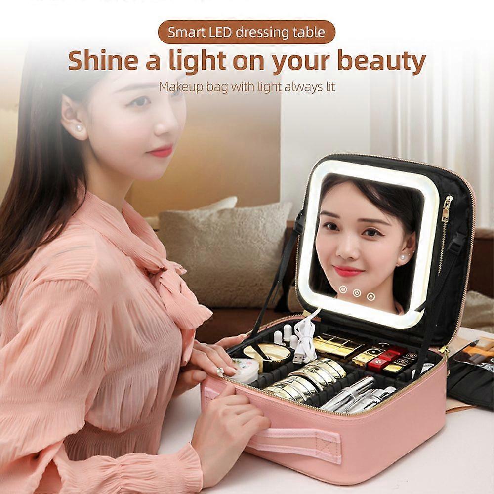 Travel Makeup Train Case with Mirror LED Light Adjustable Brightness Large Capacity Cosmetic Bag Organizer Portable Storage Adjustable Dividers for Co