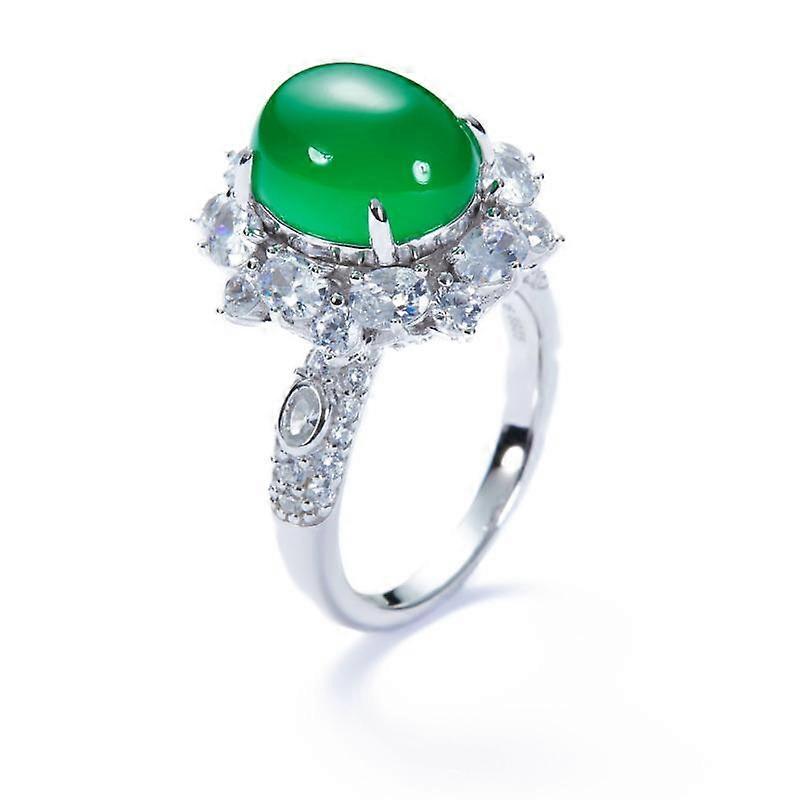 BELLA BOX Natural Ice Transparent Chloronyx Agate Retro Style Full Of Diamond Open Ring Female Oval Egg Face Ring Jewelry