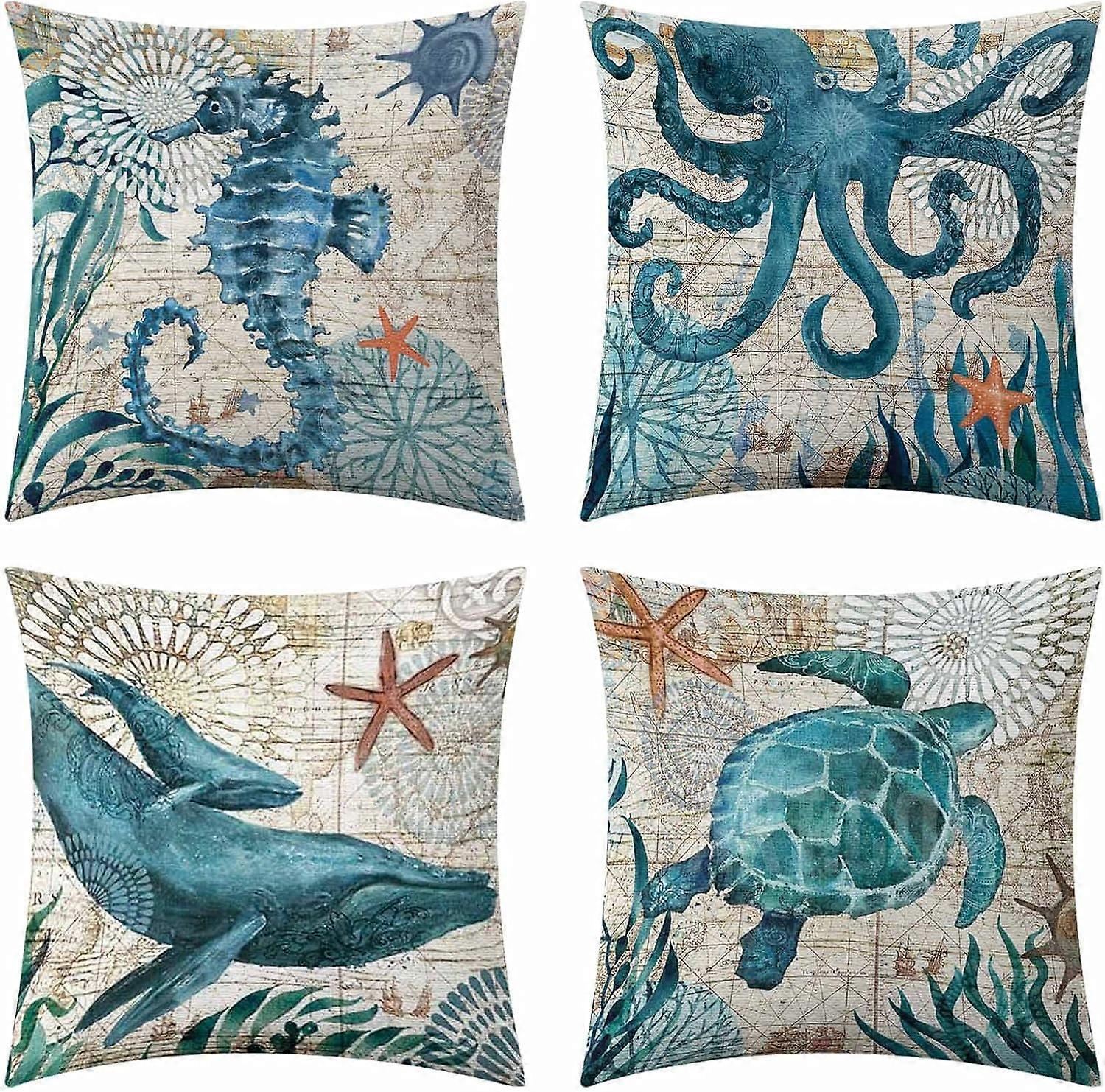 Durable Design Pattern Design, Ocean Theme Home Decor Staple Linen Material Pillowcase Set for Patio Couch Sofa Bed Decor, Waterproof Polyester