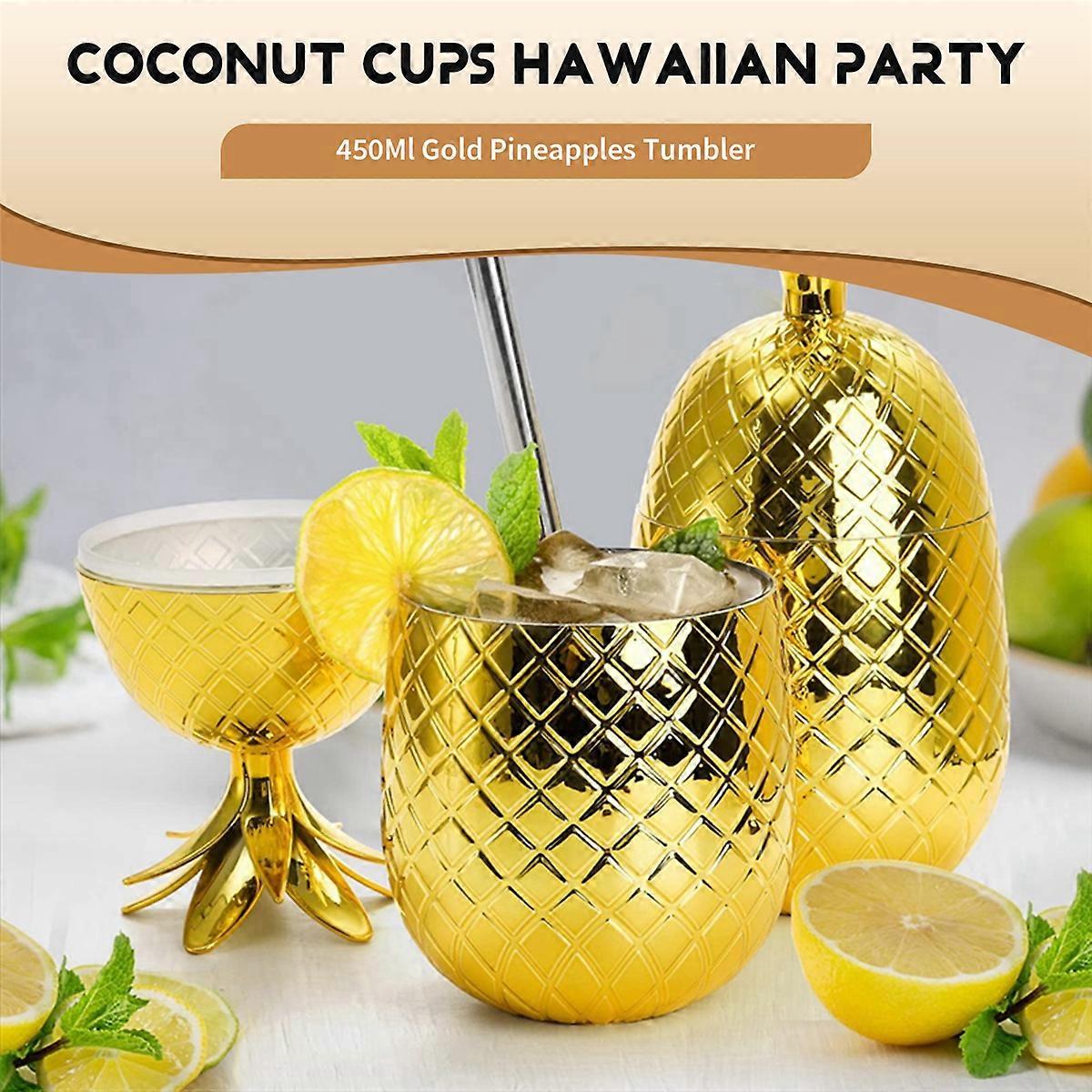 2Pc Pineapples Drink Cups, 450Ml Gold Pineapples Tumbler with Straw