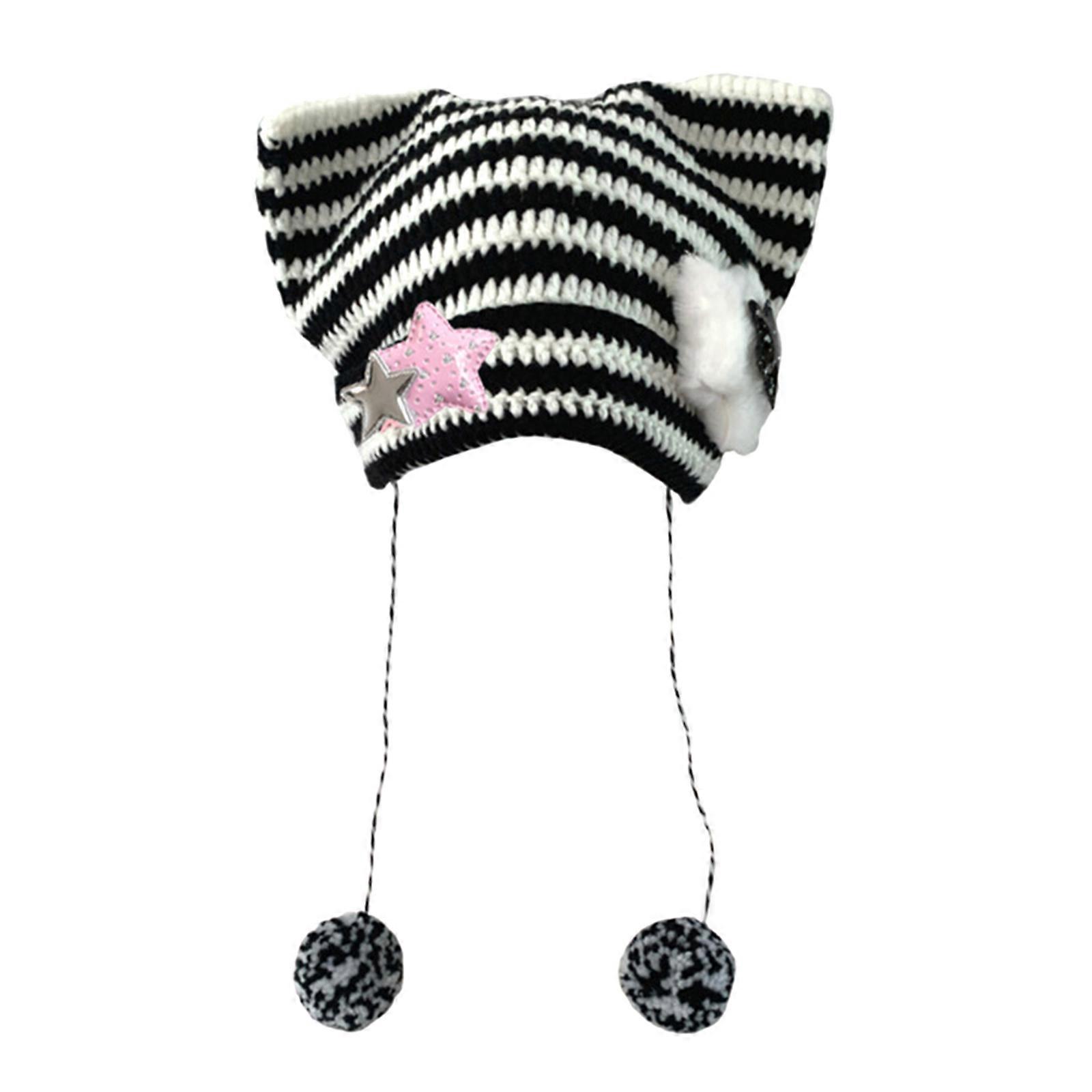 Kızlar Sevimli Kedi Kulakları ve Pom Pom Kış Bere ile Örme Şapka Sıcak Örgü Şapka Y2K Çizgili Örgü Şapka Kadınlar için Siyah