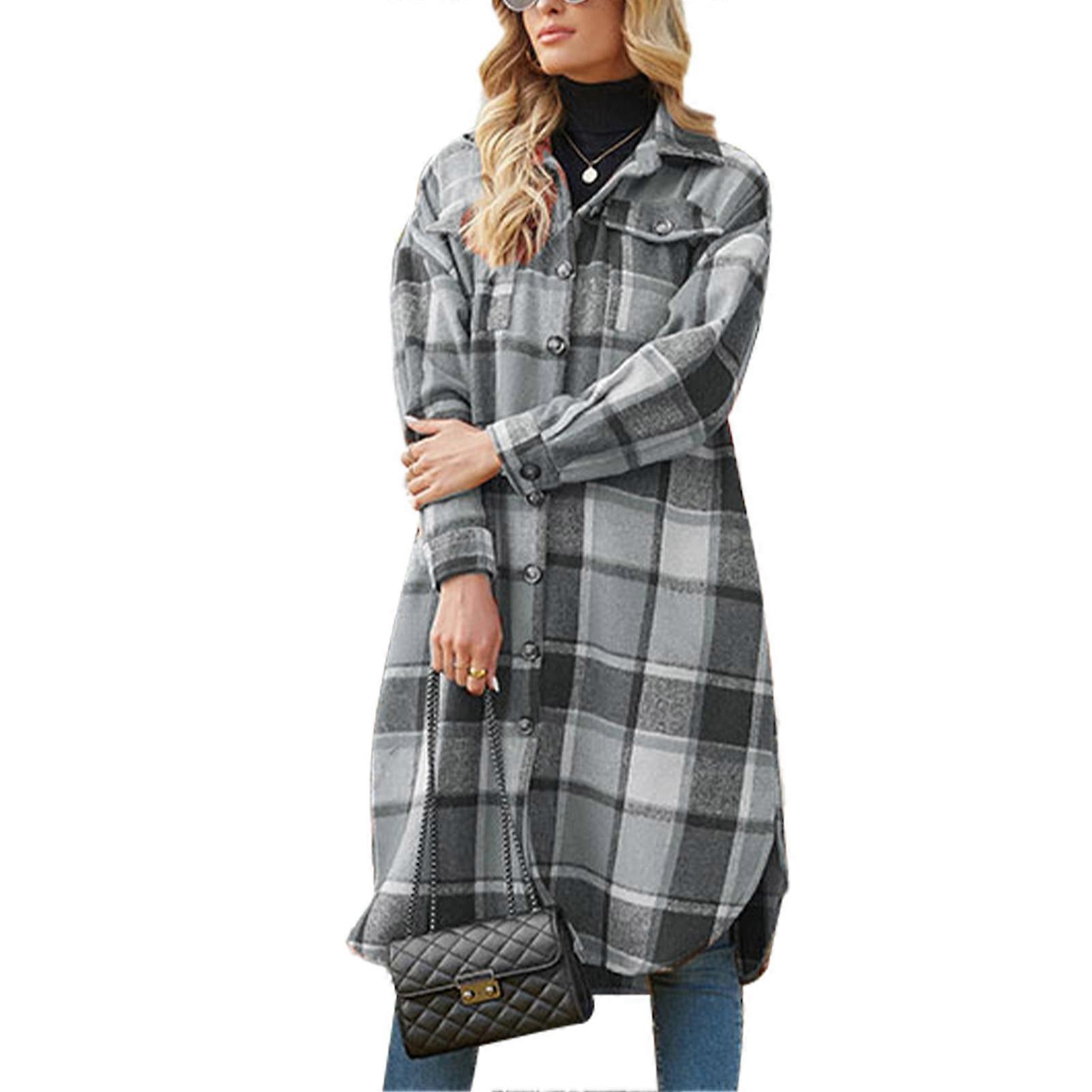 Women Coat Plaid Printed Split Hem Turn Down Collar Single Row Button Loose Pocketed Shacket