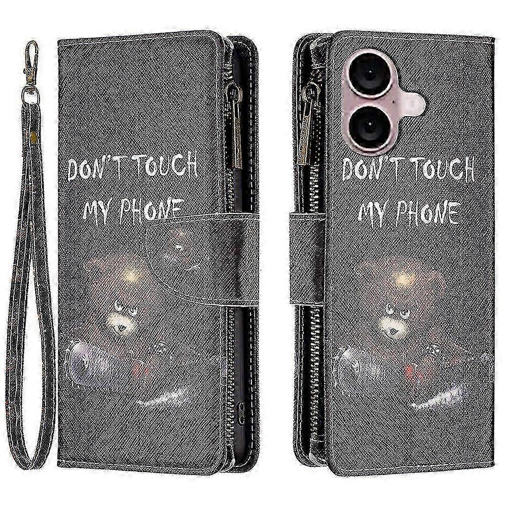 For iPhone 16 Case Pattern Printing Zipper Leather Phone Stand Cover