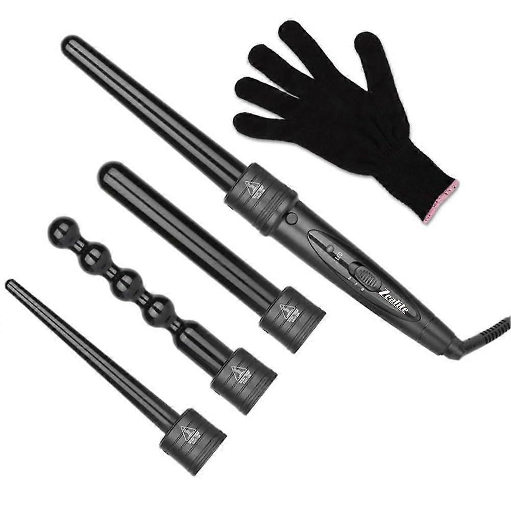 Curling Wand Set, Luxurious 4 in 1 Hair Curling Iron Set with Interchangeable Hair Wand Ceramic Barrels Free Heat Resistant Glove (Black)
