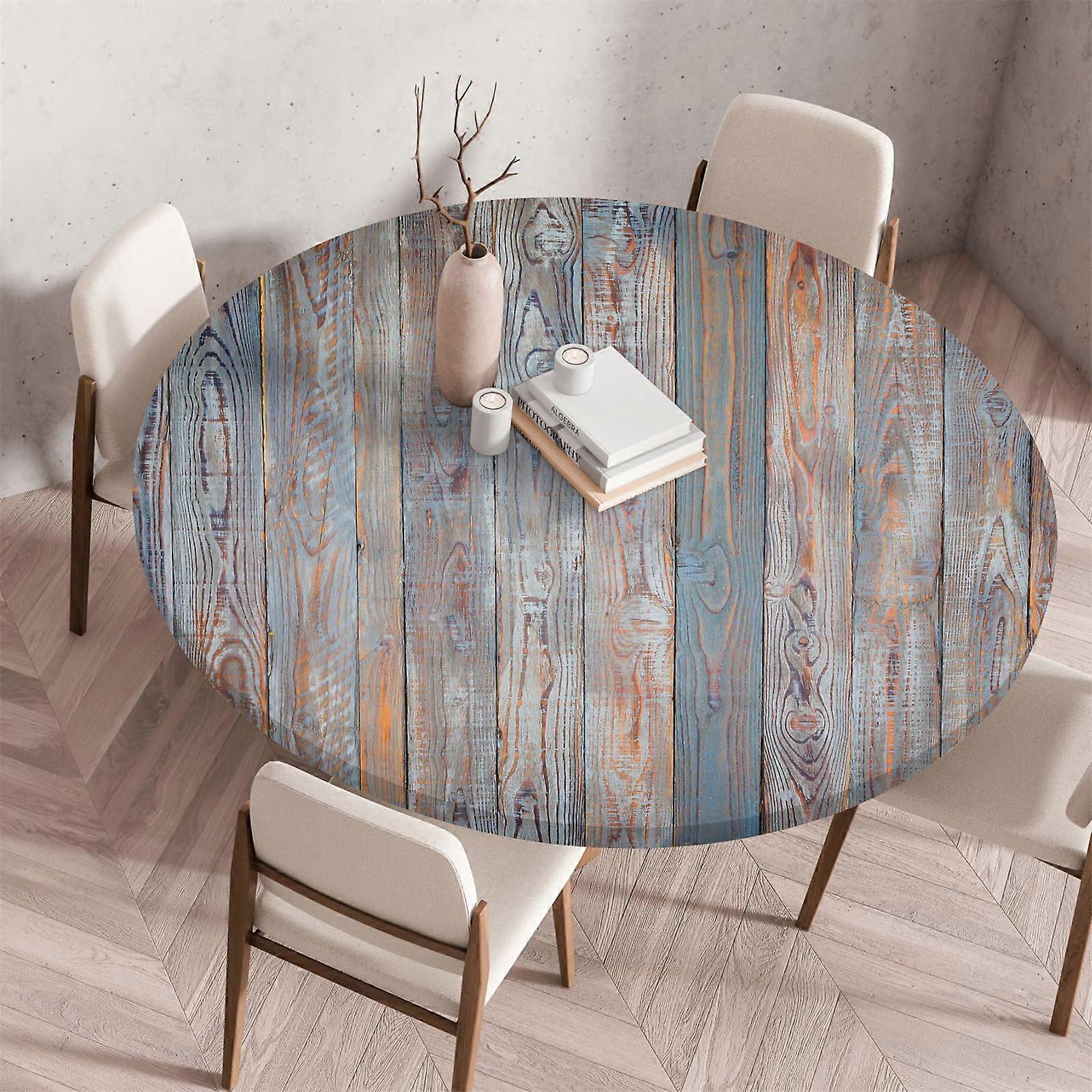 3D Elastic Round Washable Stretch Tablecloth for Dining, Kitchen, Picnic (Wood Grain 120cm)