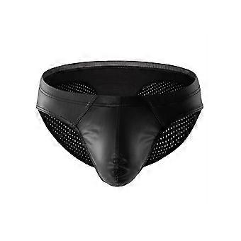 Herren Kunstleder Mesh Rücken Höschen mit niedriger Taille Dessous Unterhose Tanga Bulge Pouch Boxershorts Schwarz G-String Schwarz XL