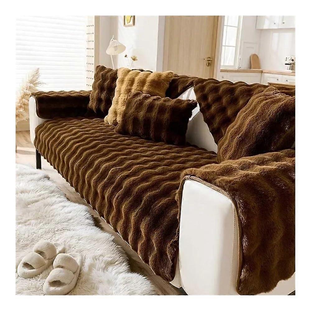 Thick Rabbit Plush Chaise Lounge NonSlip L Shape Sofa Slipcover (Deep Coffee, 90x180cm)
