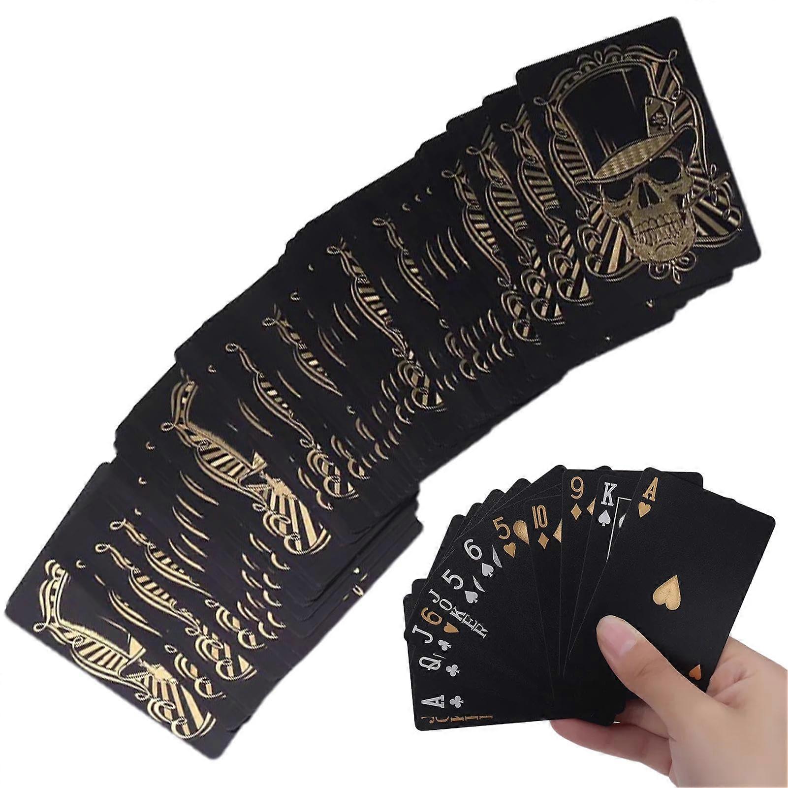 Skull Playing Cards - Black PVC Poker Deck, Flexible Foil Design, Includes Storage Box for Texas Hold'em and Go Fish Games